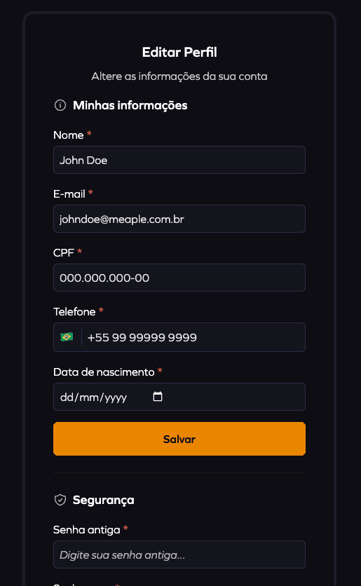 Tela de edição de perfil